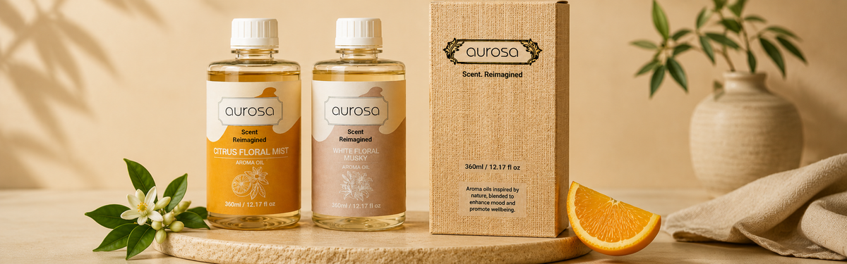 Two clear bottles of Auroso body and skin care products with white caps, standing beside a kraft paper box on a wooden tray. The scene is styled with an orange slice, white flowers, and a vase in a warm beige setting.