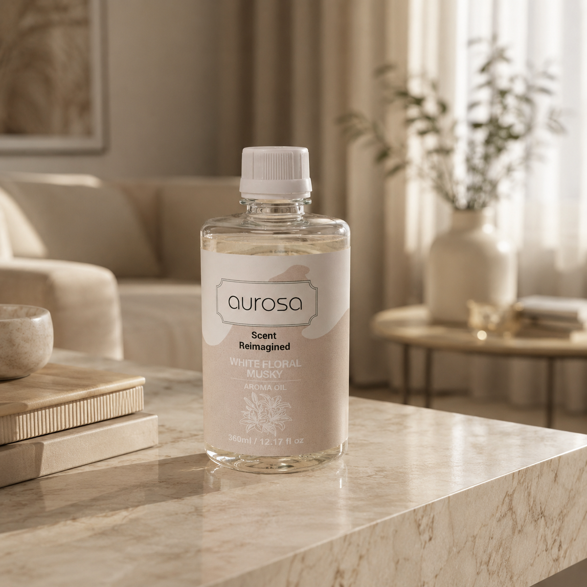 A clear glass bottle of Aurosa Scent Reimagined White Floral Aromatherapy diffuser oil with a white cap, set on a marble countertop in a softly blurred living room.